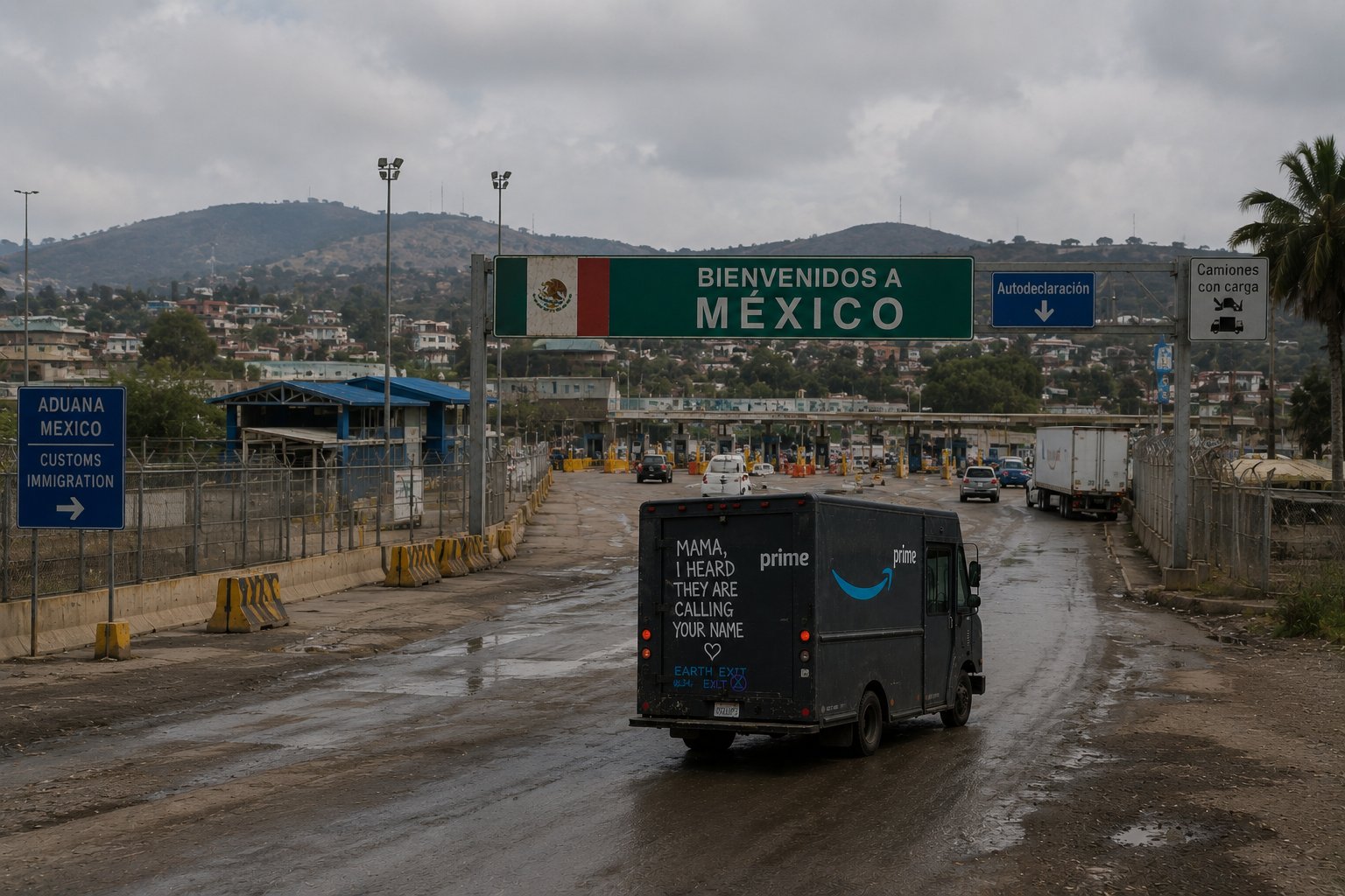 The Amazon truck, viewed from behind, approaching a Mexico customs and immigration crossing under a sign reading &lsquo;Bienvenidos a México&rsquo;.
