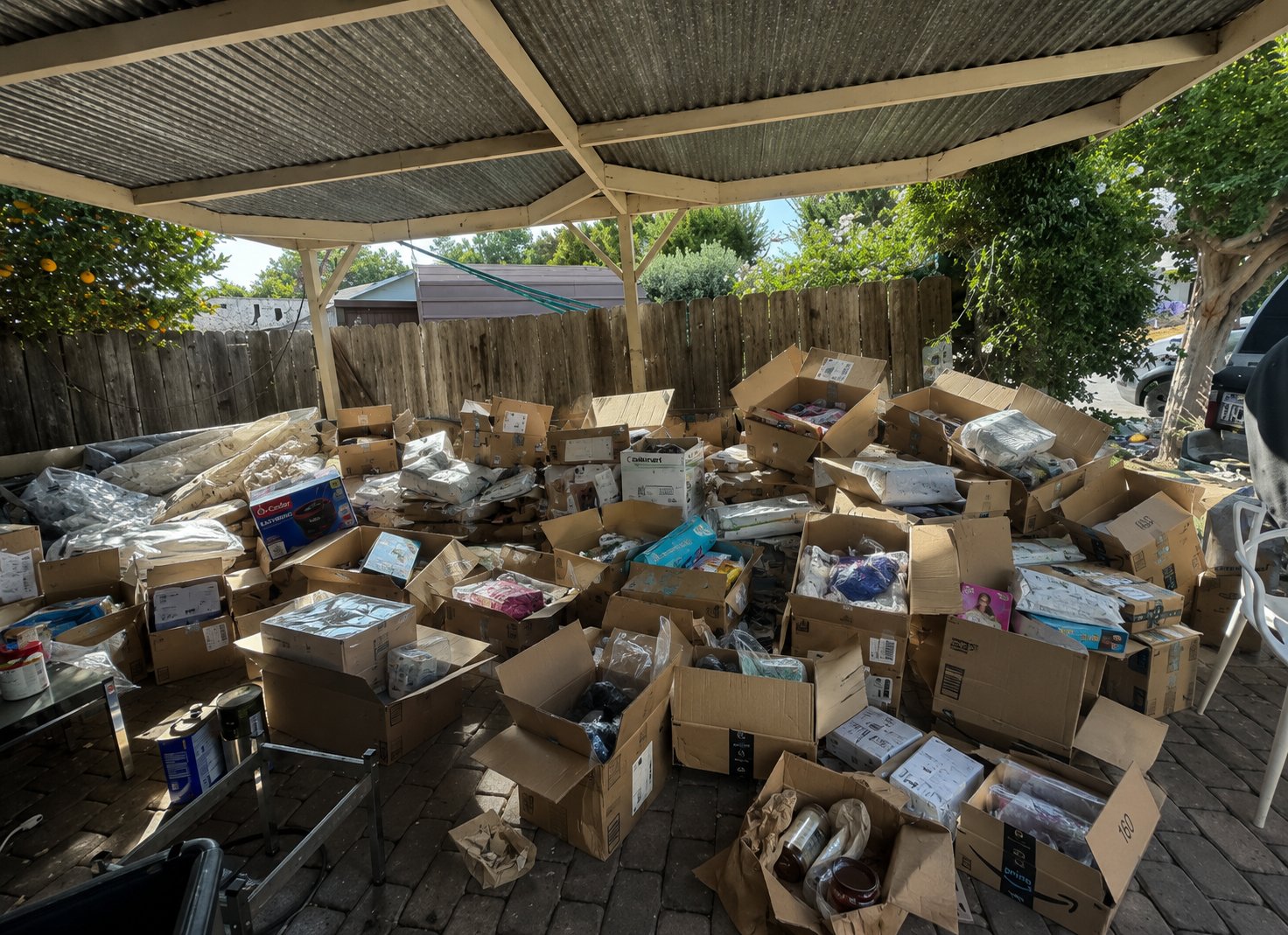 A backyard patio piled with dozens of opened Amazon cardboard boxes containing miscellaneous consumer goods&mdash;clothing, electronics, toys, and household items.