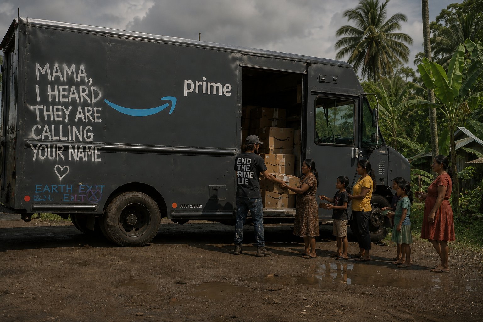 A dark gray Amazon Prime delivery truck spray-painted with the words &lsquo;Mama, I heard they are calling your name,&rsquo; parked on a muddy road near the rainforest while a man in a t-shirt reading &lsquo;End the Prime Lie&rsquo; hands a cardboard box to a woman; a small group of women and children stand in line.